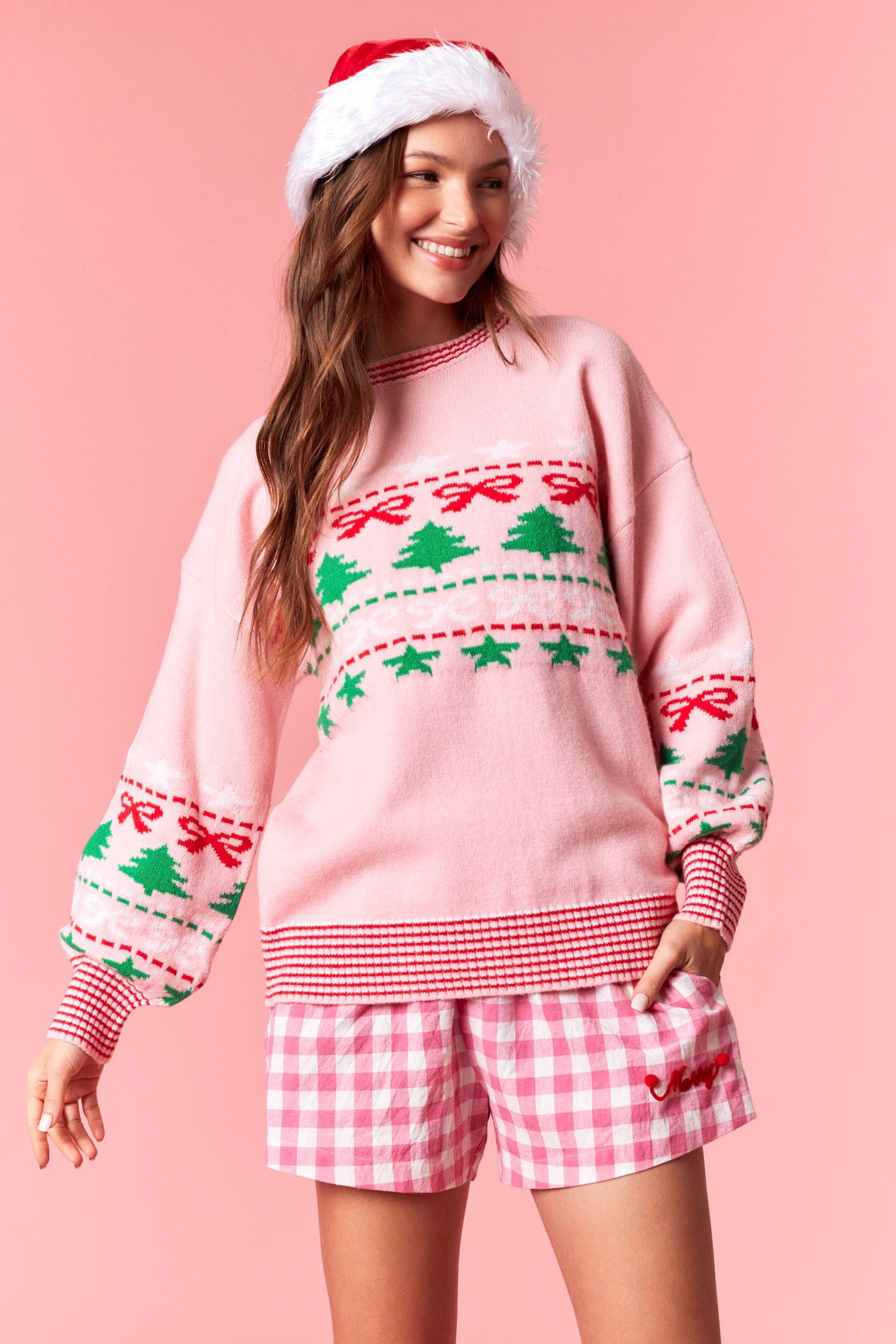 PEACH LOVE Women's Sweaters Christmas Tree & Bow Prints Multi Color Rib Sweater