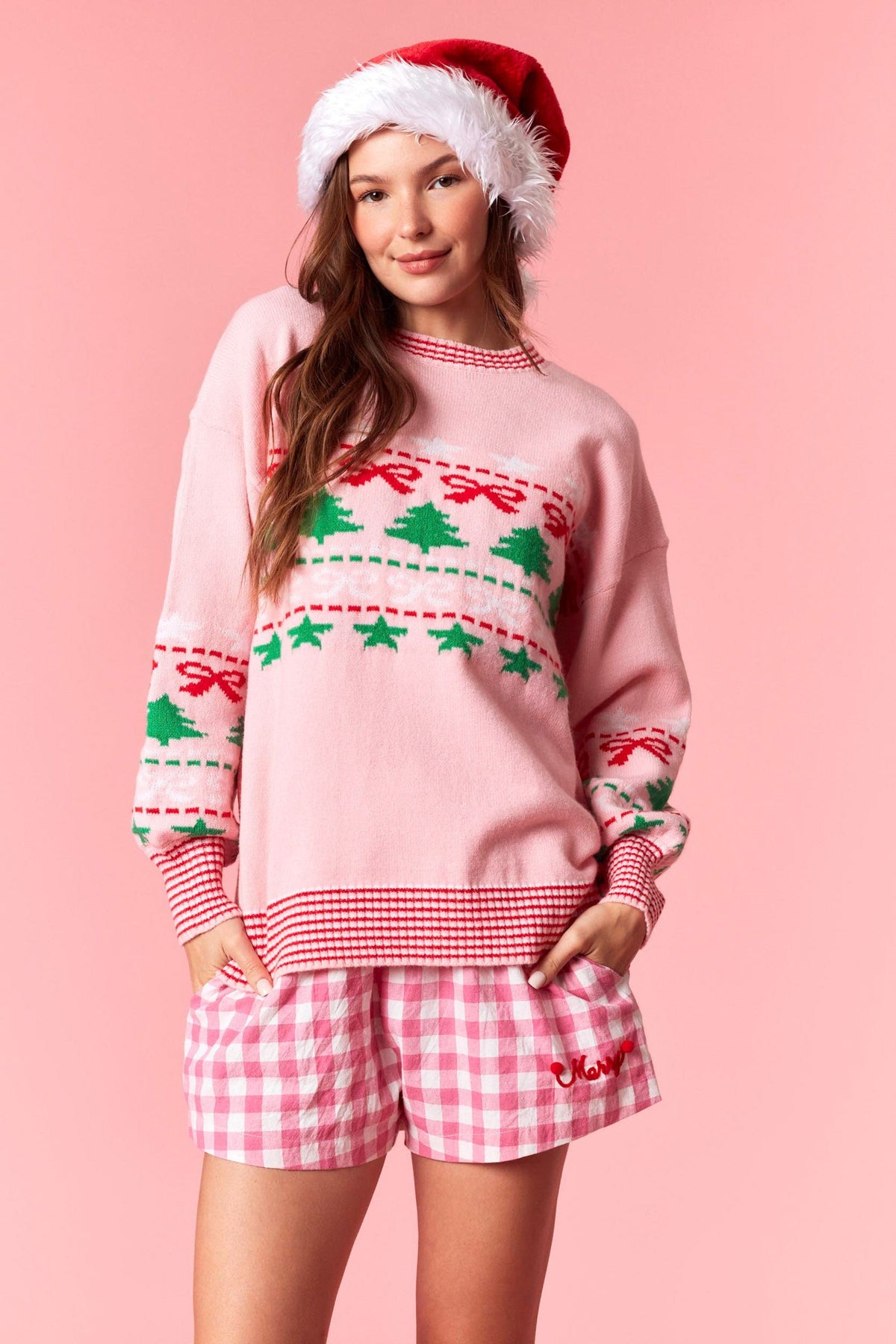 PEACH LOVE Women's Sweaters Christmas Tree & Bow Prints Multi Color Rib Sweater