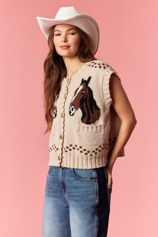 PEACH LOVE Women's Sweaters Horse And Horseshoe Detailed Knit Vest Cardigan