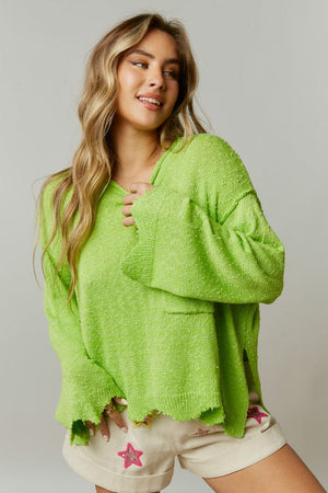 PEACH LOVE Women's Sweaters LT GREEN / S Loose Fit Frilled Knit Sweatshirt || David's Clothing IKT86185-01