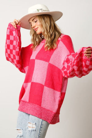 PEACH LOVE Women's Sweaters Oversized Knit Checker Sweater || David's Clothing