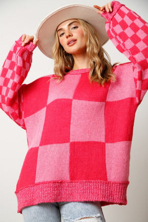PEACH LOVE Women's Sweaters PINK / S Oversized Knit Checker Sweater || David's Clothing IFKT51707-02
