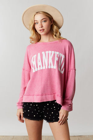 PEACH LOVE Women's Sweaters PINK / S 'Thankful' Print Washed Top || David's Clothing KT20677-01