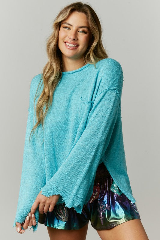 PEACH LOVE Women's Sweaters SKY BLUE / S Loose Fit Frilled Knit Sweatshirt || David's Clothing IKT86185-01