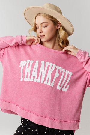 PEACH LOVE Women's Sweaters 'Thankful' Print Washed Top || David's Clothing