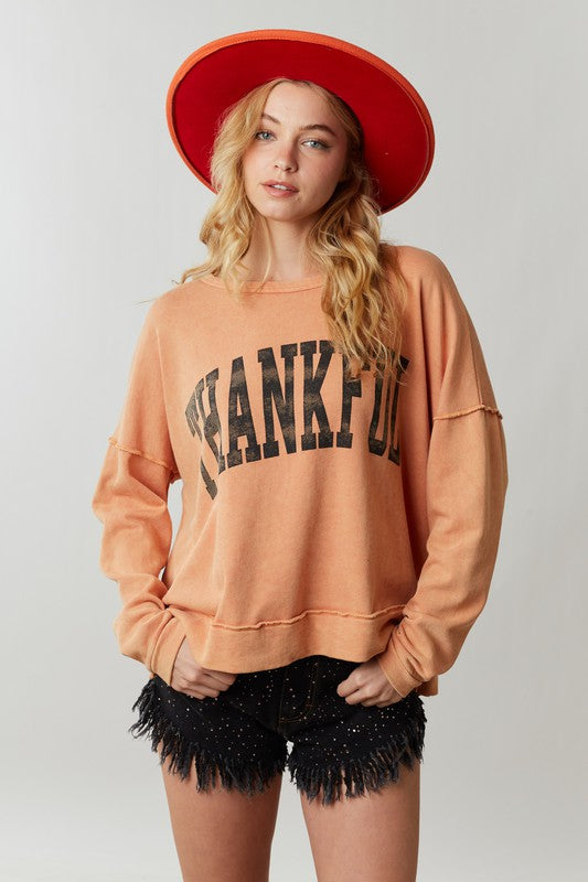 PEACH LOVE Women's Sweaters ORANGE / S 'Thankful' Print Washed Top || David's Clothing KT20677-01