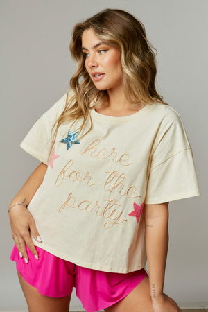 PEACH LOVE Women's Tee Here For The Party Embellished Knit Tee || David's Clothing
