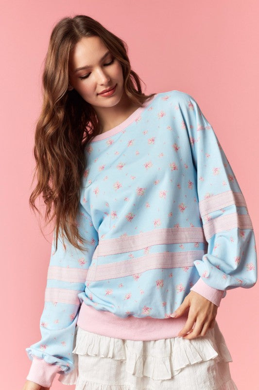 PEACH LOVE Women's Top Solid Double Grosgrain Floral Printed Sweatshirt