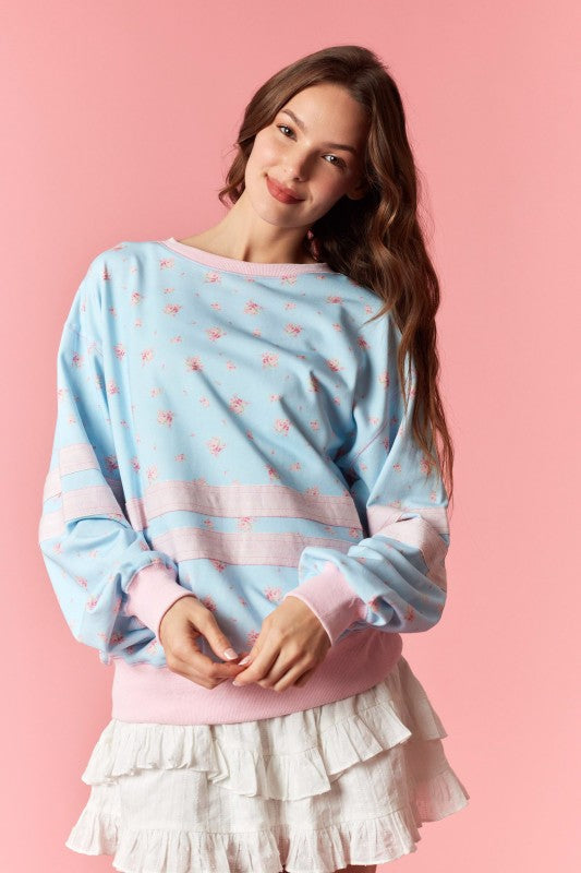 PEACH LOVE Women's Top Solid Double Grosgrain Floral Printed Sweatshirt