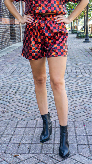 POL CLOTHING Women's Shorts Checkered Sequin Short || David's Clothing