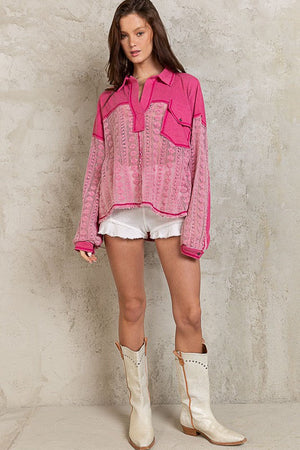 POL CLOTHING Women's Top FUCHSIA / S Oversize Contrast Collar Lace Crochet Top || David's Clothing YKT804