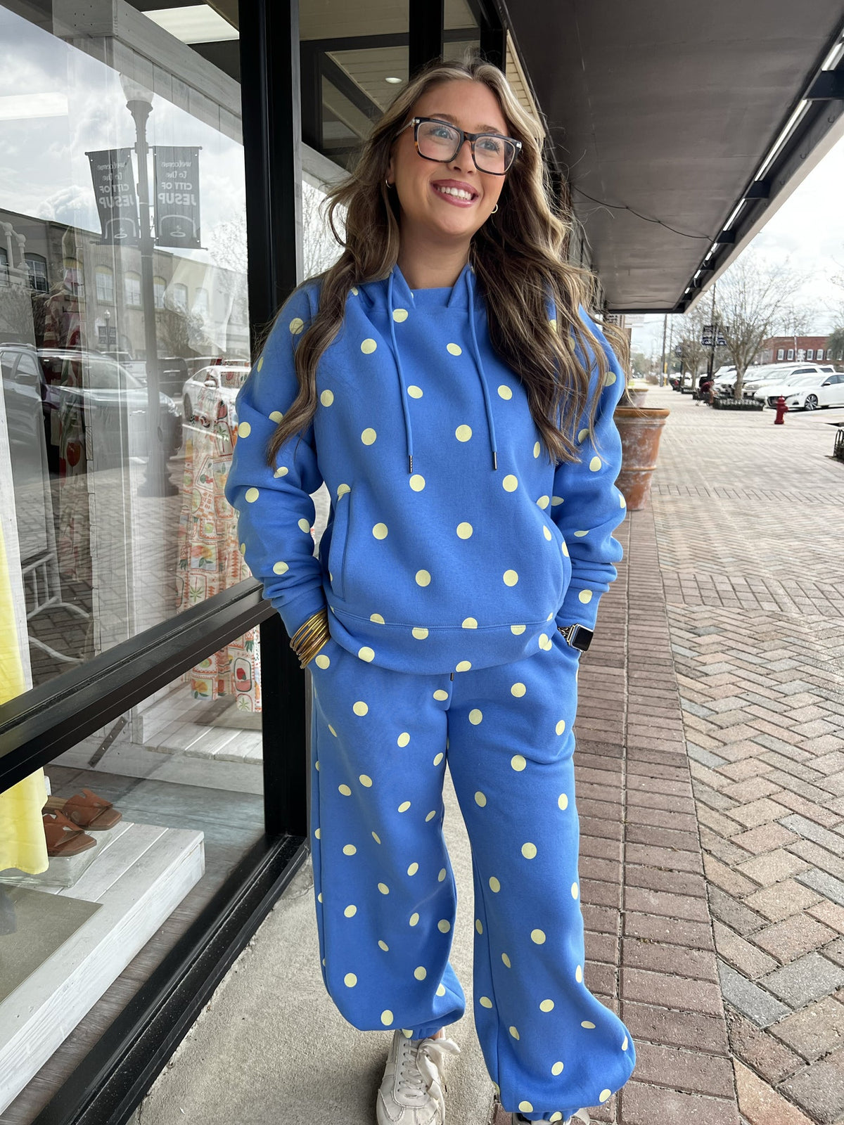 POPPY & PINE Women's Pants Poppy & Pine Blue Butter Polka Dot Sweatsuit Set - Hoodie & Sweatpants