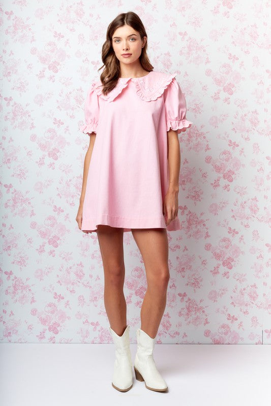 RARERAW Women's Dresses Bow Embroidered Collar Babydoll Dress