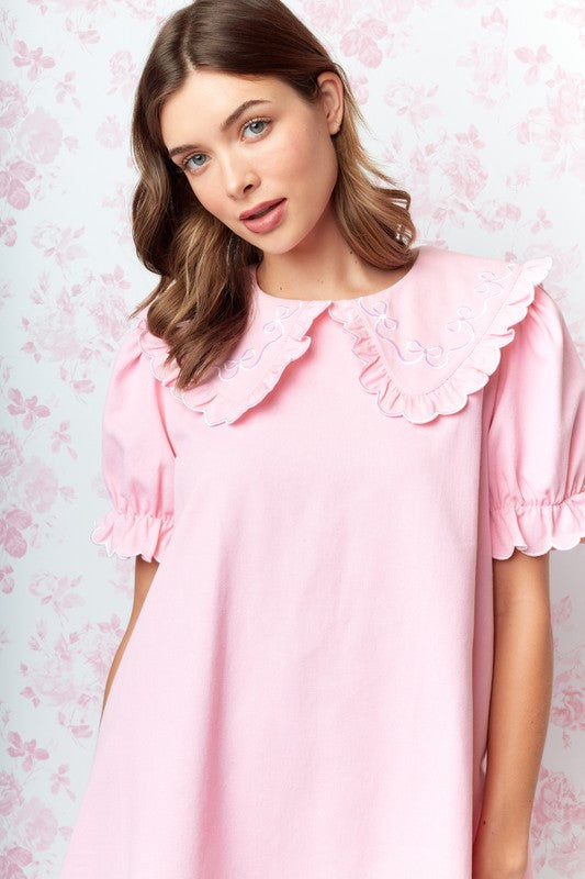 RARERAW Women's Dresses Bow Embroidered Collar Babydoll Dress