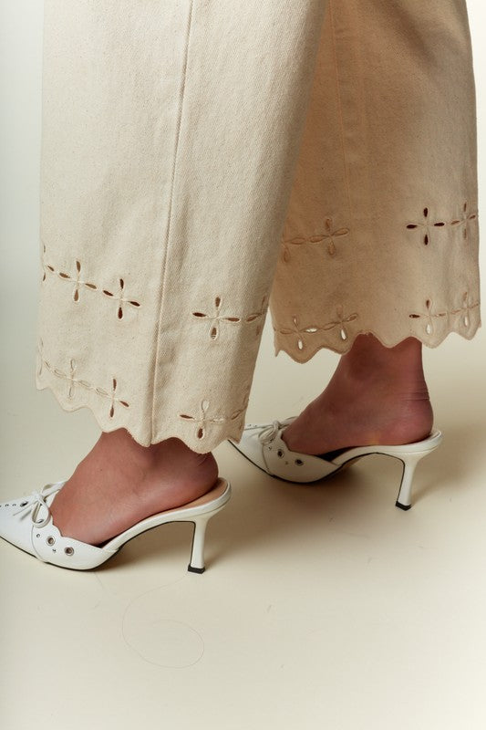 RARERAW Women's Pants Scallop Hem Eyelet Detail Wide-leg Pants