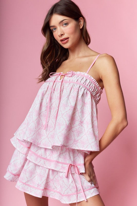 RARERAW Women's Skirts Bow Damask Ruffle Top & Skirts Set