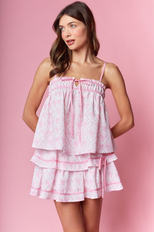 RARERAW Women's Skirts Bow Damask Ruffle Top & Skirts Set