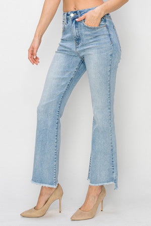 Risen Jeans Women's Jeans Risen Jeans High Rise Side Step Hem Crop Flare Jeans || David's Clothing