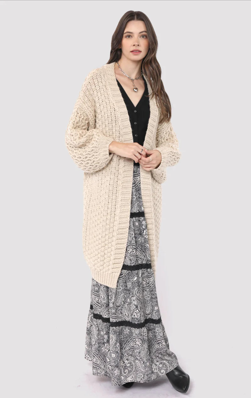 SADIE AND SAGE Women's Sweaters NATURAL Iggy Hand Knit Chunky Long Open Cardigan AH3417