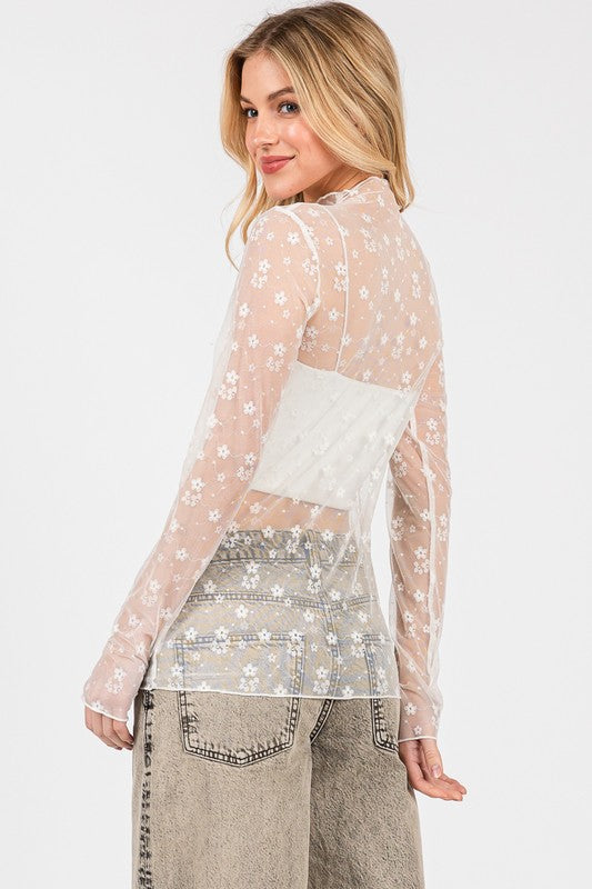 SEWN + SEEN Women's Top Floral Mesh Lace Top