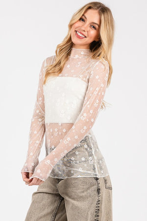 SEWN + SEEN Women's Top Floral Mesh Lace Top