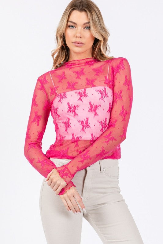 SEWN + SEEN Women's Top HOT PINK / S Long Sleeve Floral Lace Top SNS1771