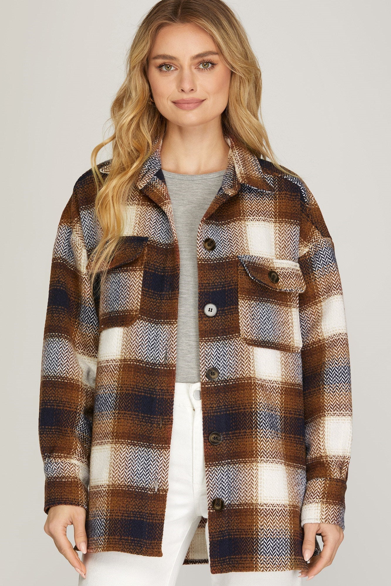 SHE AND SKY Women Jackets Long Sleeve Woven Flannel Button Down Jacket || David's Clothing
