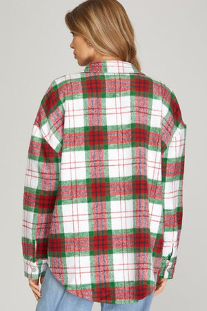 SHE AND SKY Women Jackets Plaid Shacket With Front Pockets