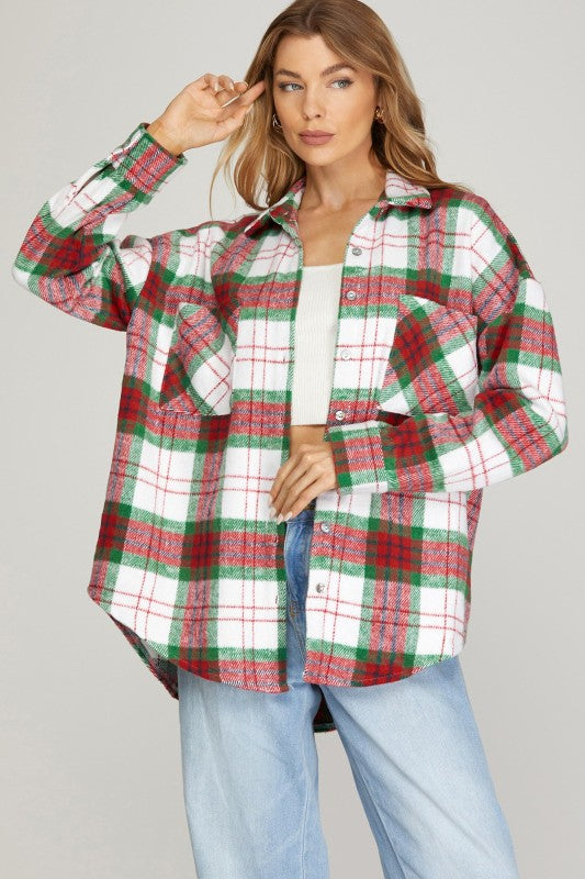 SHE AND SKY Women Jackets Plaid Shacket With Front Pockets