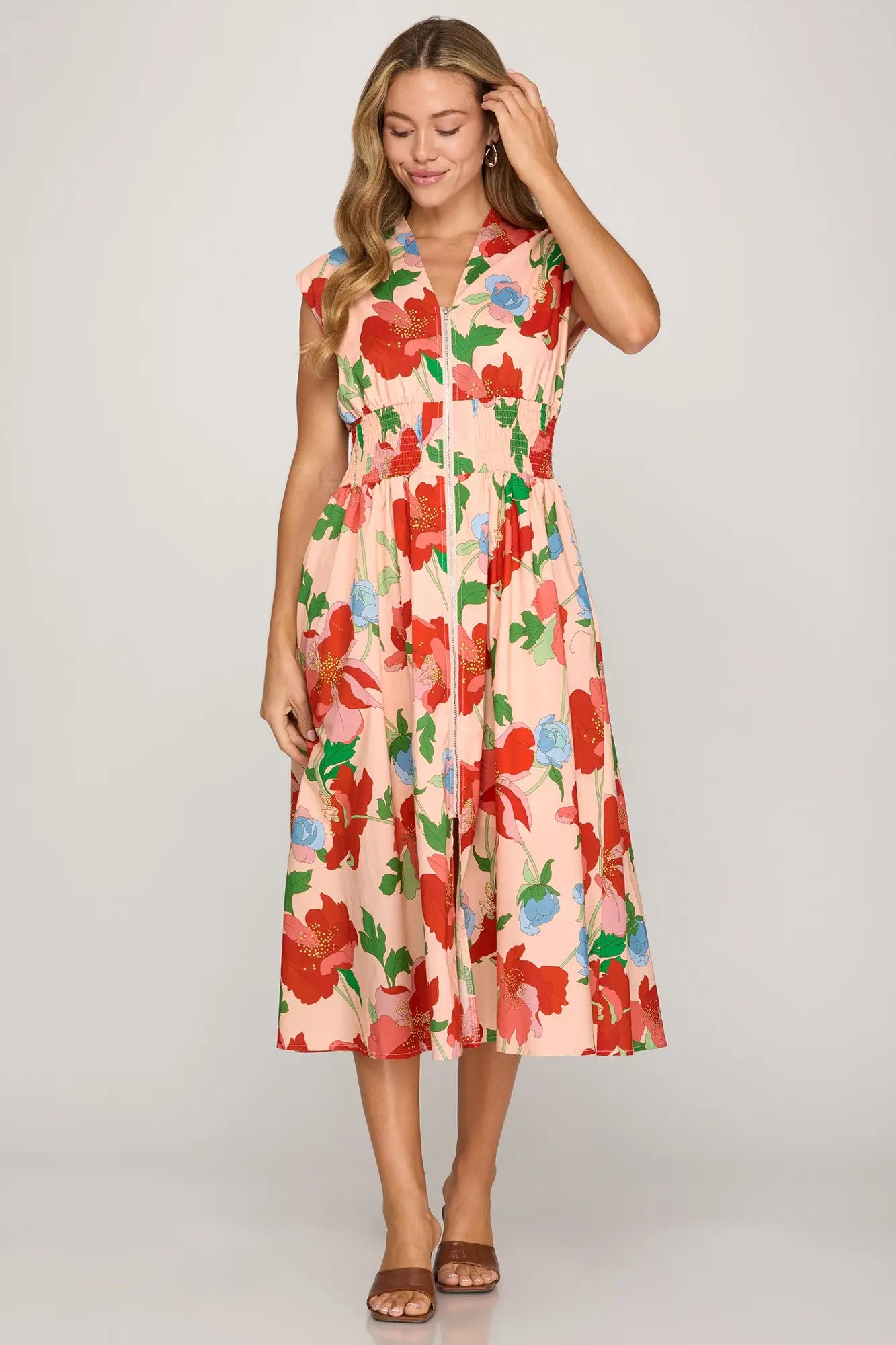 SHE AND SKY Women's Dresses Drop Shoulder Front Zip Floral Midi Dress