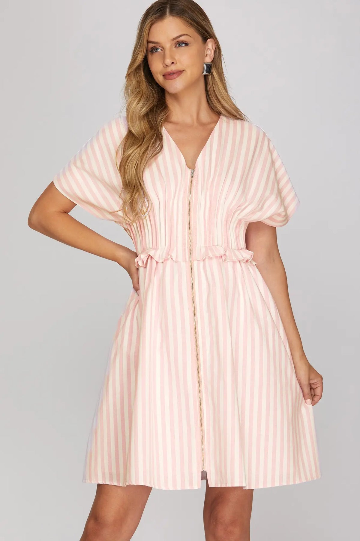 SHE AND SKY Women's Dresses Drop Shoulder Short Sleeve Stripe Woven Mini Dress