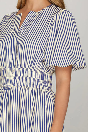 SHE AND SKY Women's Dresses Puff Sleeve Pintuck Tiered Stripe Woven Midi Dress || David's Clothing