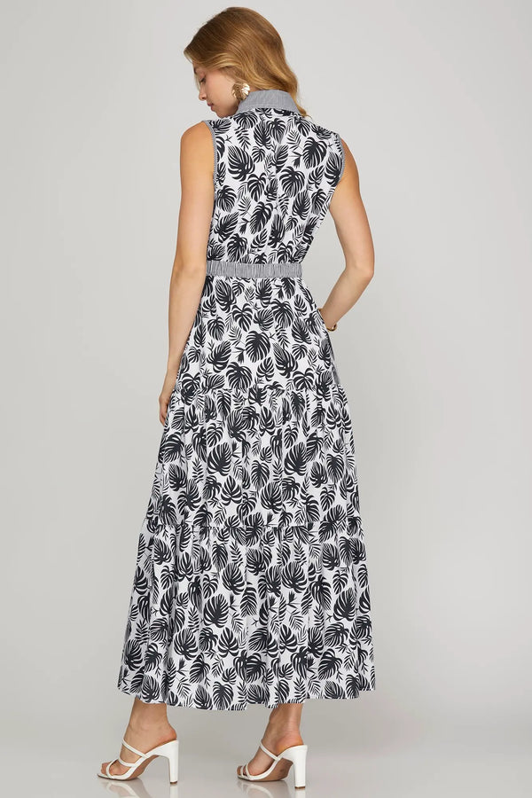 button down maxi shirt dress Sleeveless Button Down Tropical Print Woven Maxi Shirt Dress With Cont