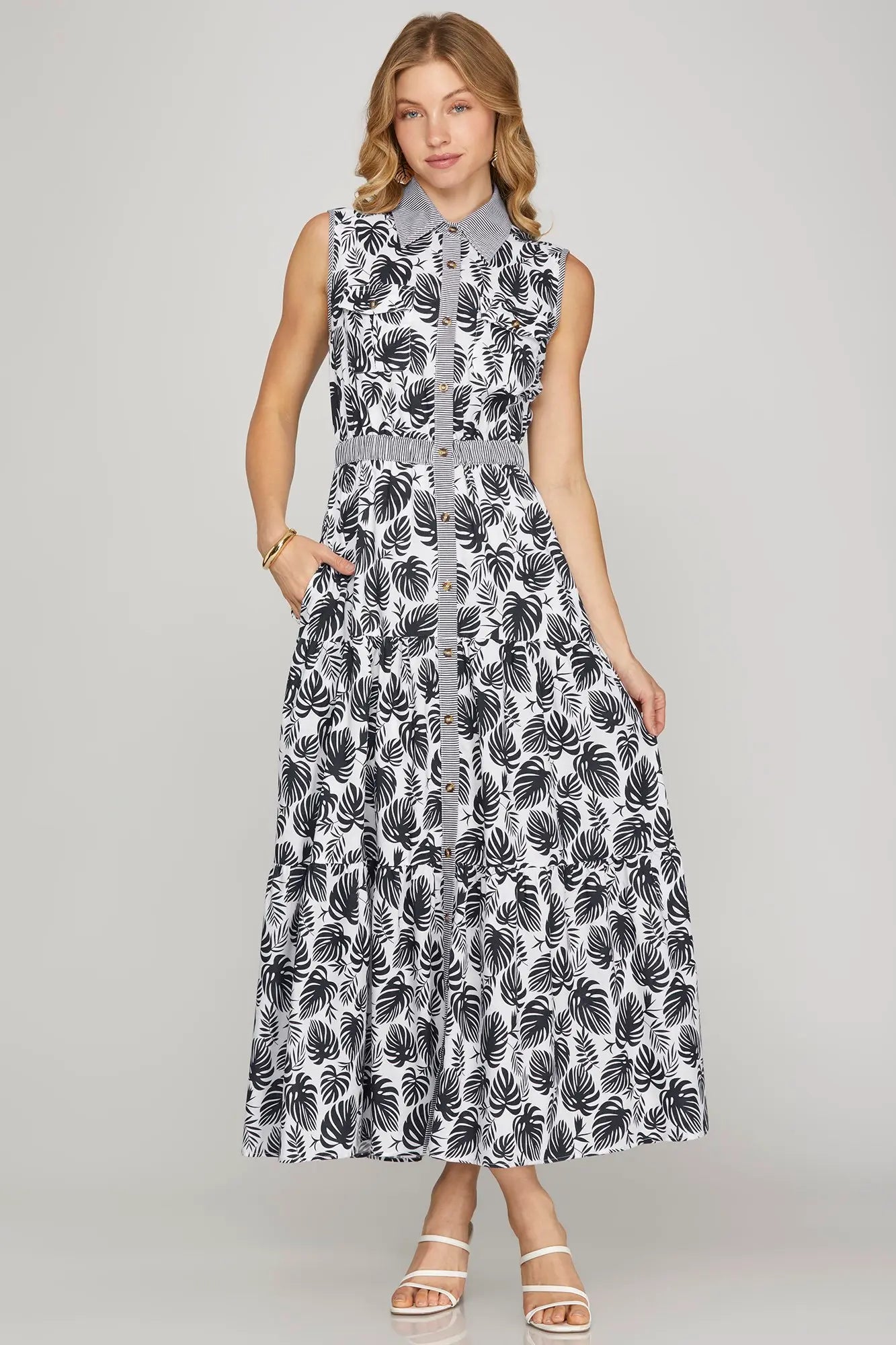 SHE AND SKY Women's Dresses Sleeveless Button Down Tropical Print Woven Maxi Shirt Dress With Contrast Detail And Pockets