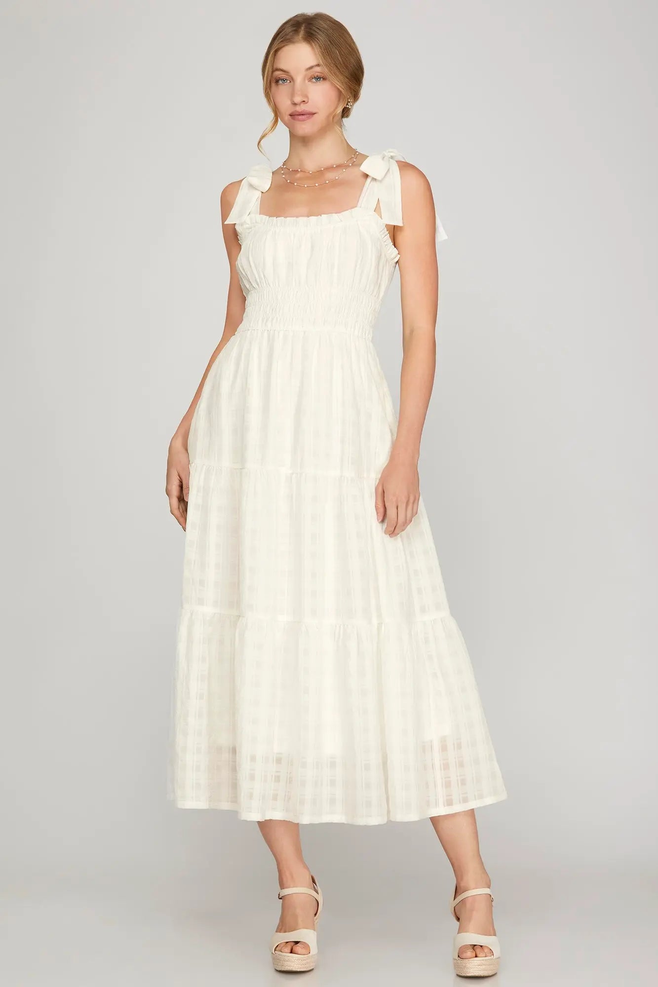 SHE AND SKY Women's Dresses Sleeveless Tie Strap Textured Woven Midi Tiered Dress With Pockets And Full Lining