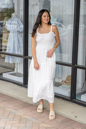 SHE AND SKY Women's Dresses Sleeveless Tie Strap Textured Woven Midi Tiered Dress With Pockets And Full Lining