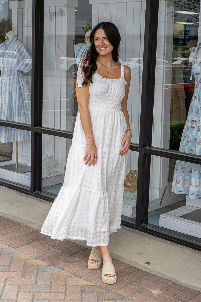 SHE AND SKY Women's Dresses Sleeveless Tie Strap Textured Woven Midi Tiered Dress With Pockets And Full Lining