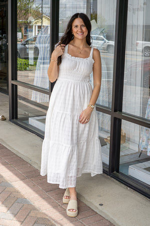 SHE AND SKY Women's Dresses Sleeveless Tie Strap Textured Woven Midi Tiered Dress With Pockets And Full Lining