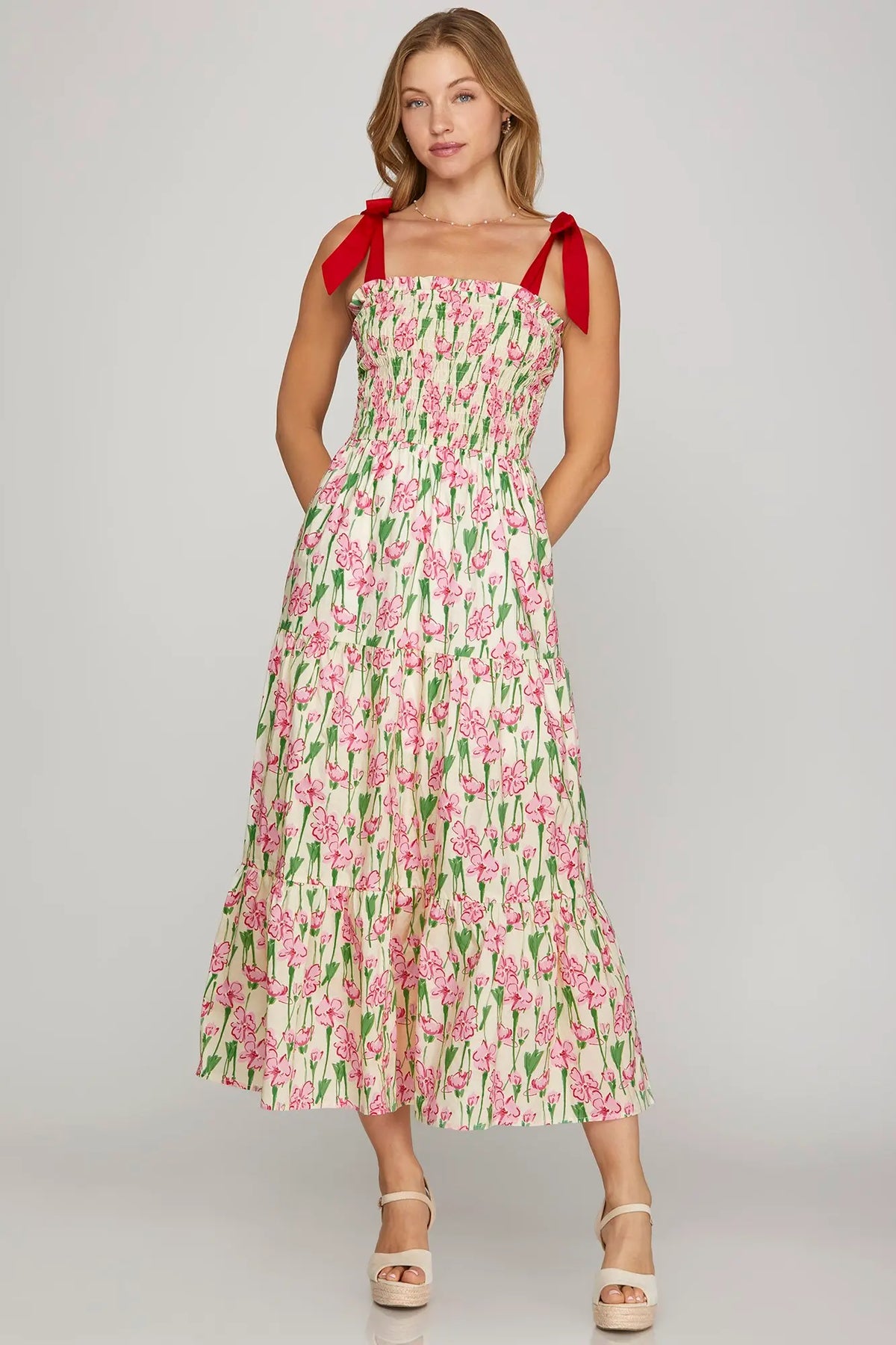 Smocked Tube Maxi Printed Woven Tiered Dress - PINK / M Smocked Tube Maxi Printed Woven Tiered Dress - PINK / M