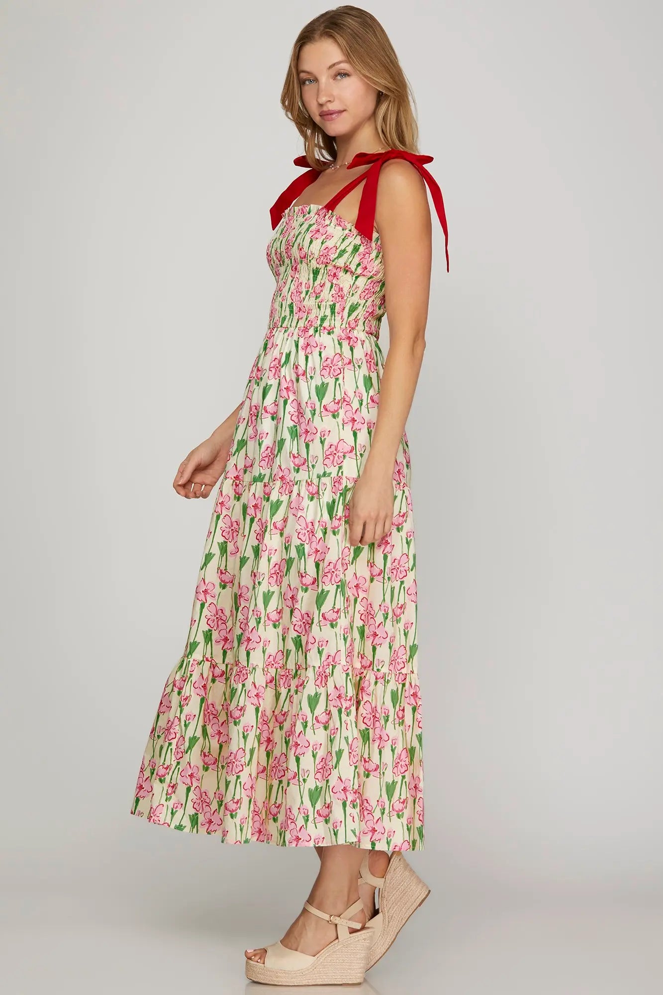 she and sky smocked dress She & Sky Ruffle Sleeve Striped Tiered Maxi Dress