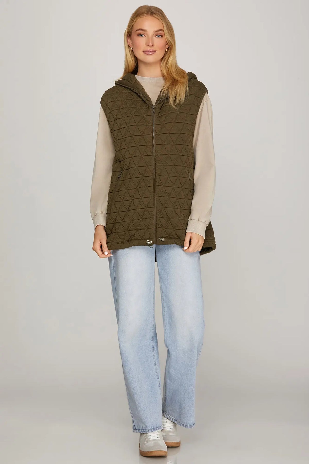 SHE AND SKY Women's Outerwear Zip Up Hooded Quilt Vest With Front Pocket And Drawstring Hem