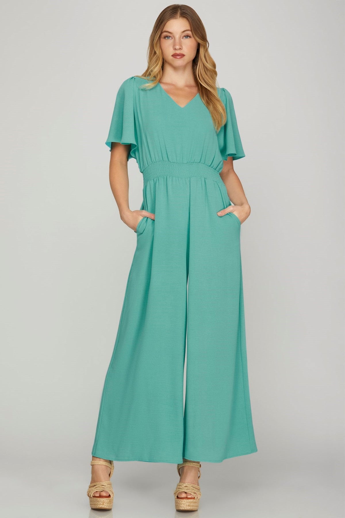 SHE AND SKY Women's Pants AQUA OCN / S Flounce Sleeve Waist Smock Wide Leg Woven Jumpsuit || David's Clothing SY6389