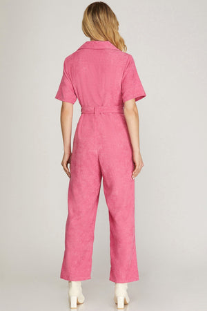 SHE AND SKY Women's Pants Half Sleeve Corduroy Belted Jumpsuit || David's Clothing