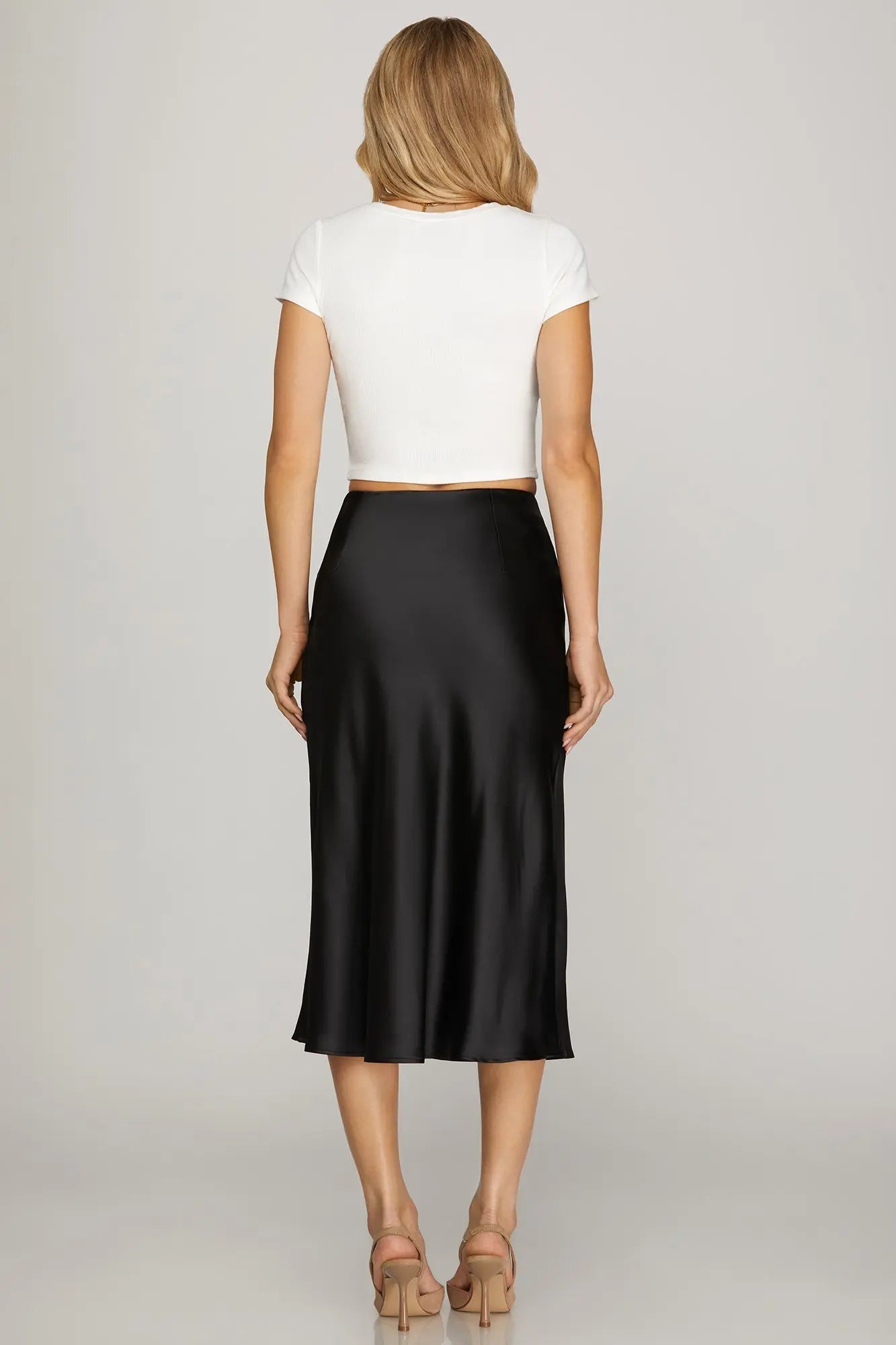 SHE AND SKY Women's Skirts BLACK / S Satin Bias Midi Skirt With Elastic Waistband SY7030RB
