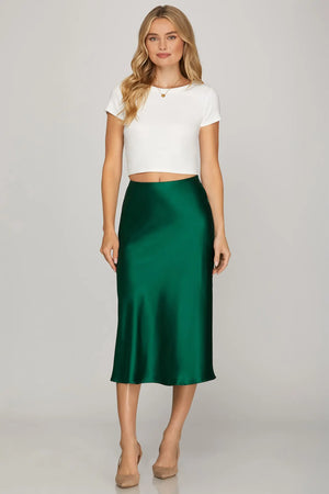 SHE AND SKY Women's Skirts SEA GREEN / S Satin Bias Midi Skirt With Elastic Waistband SY7030RSG