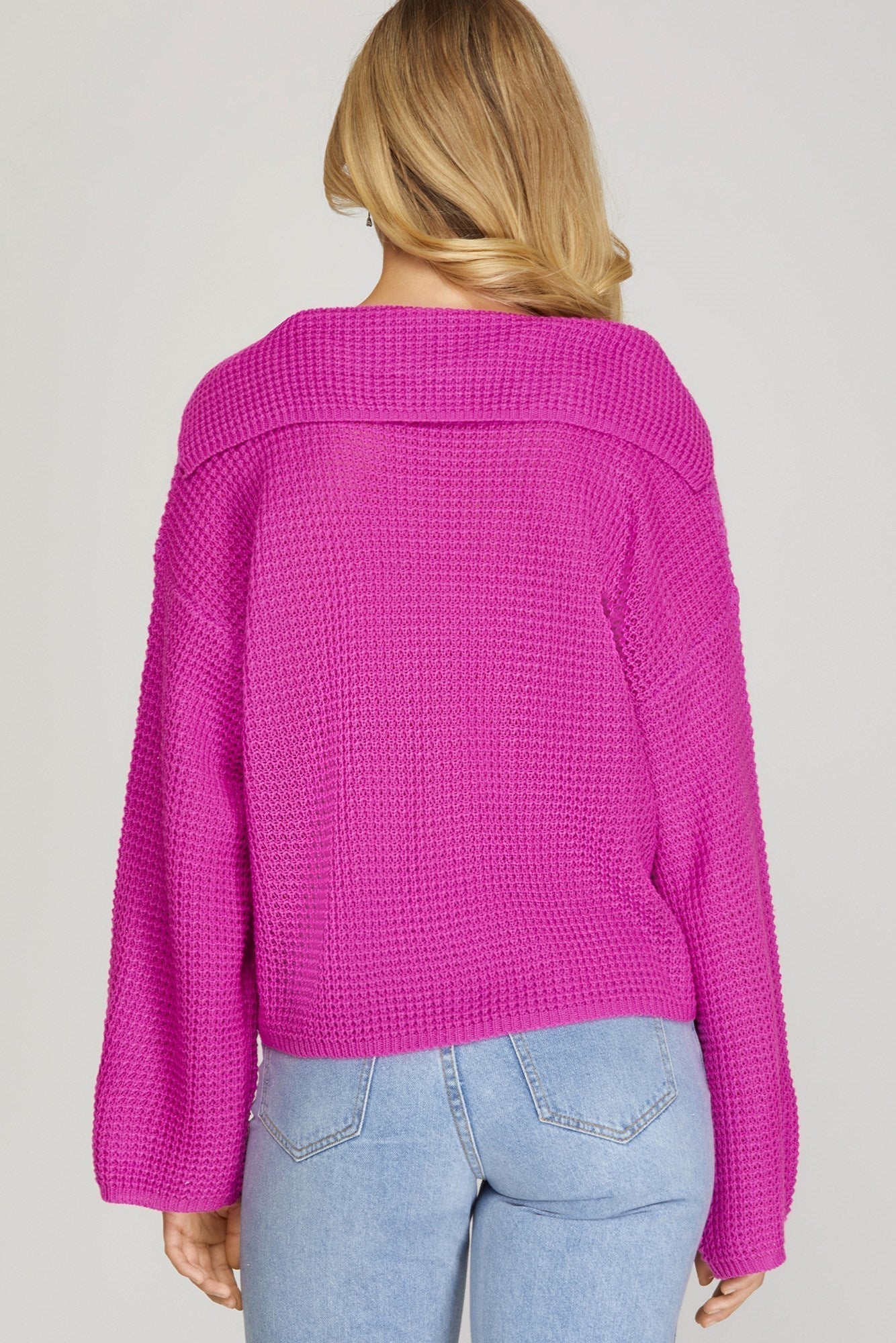 SHE AND SKY Women's Sweaters HOT PINK / S Long Sleeve Collared Sweater Top || David's Clothing SY5367