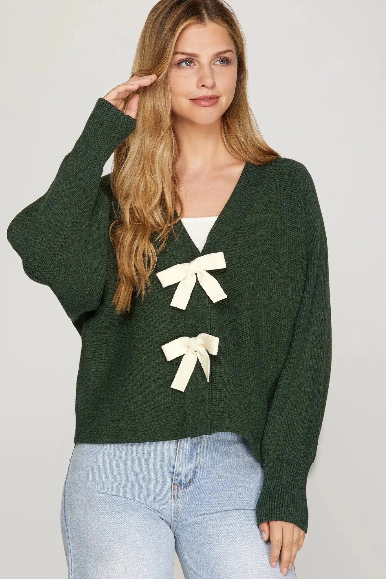 SHE AND SKY Women's Sweaters Long Sleeve Front Bow Sweater Cardigan