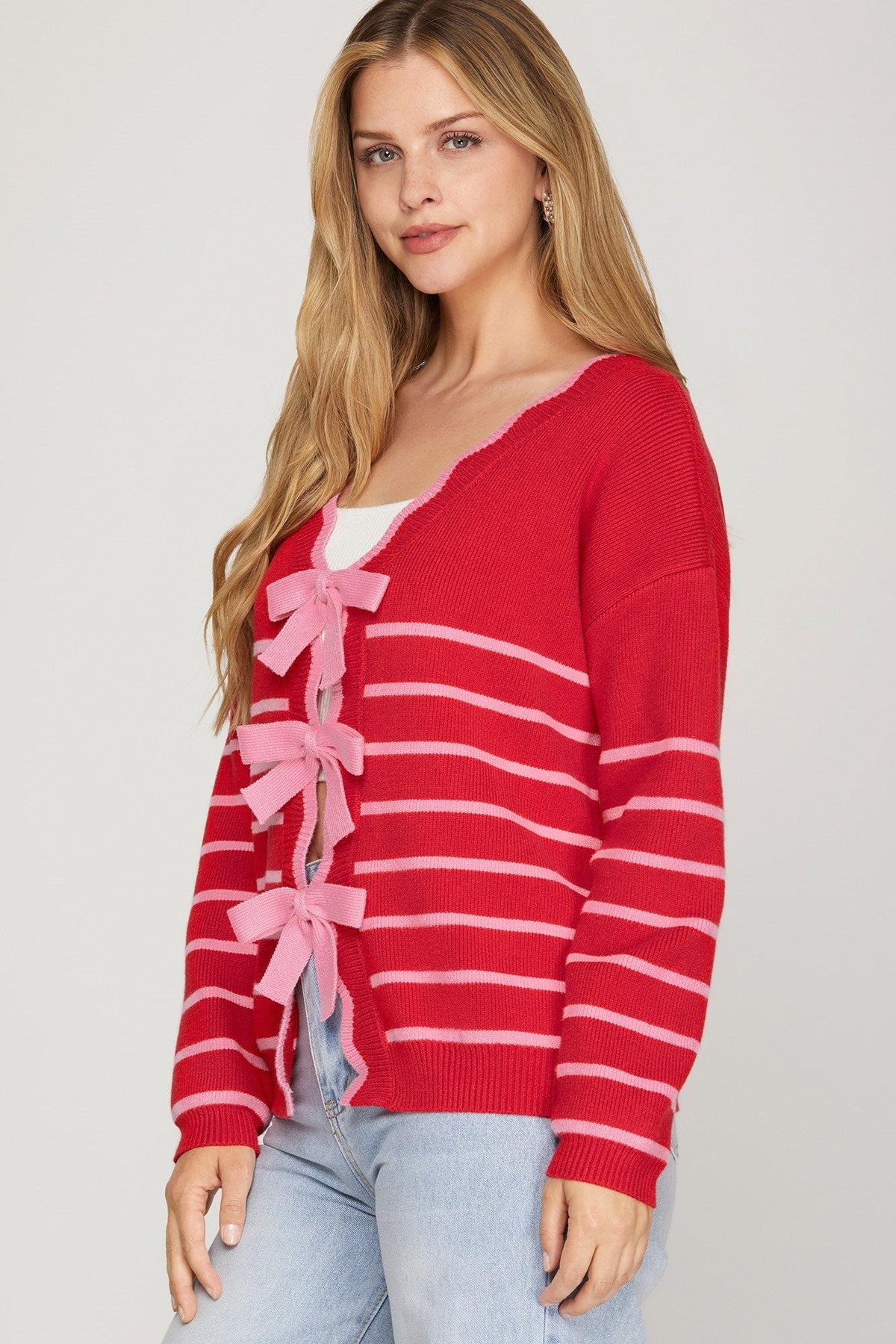 SHE AND SKY Women's Sweaters Long Sleeve Striped Bow Detail Reversible Sweater Cardigan