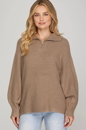SHE AND SKY Women's Sweaters MOCHA / S Long Sleeve Half Zip Batwing Sweater SY9412
