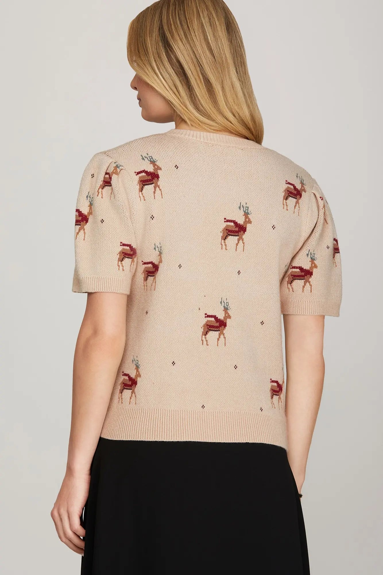 SHE AND SKY Women's Sweaters Short Puff Sleeve Reindeer Pattern Sweater Top
